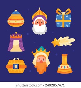 Los Reyes Magos ( Translation - Three Wise Men ). Happy epiphany day. January 6. Nativity of Jesus. Vector illustration decorative elements for Poster, Banner, Flyer, Greeting, Card, Cover, Post.