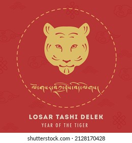 Tarjeta de felicitación Losar Tashi Delek o cartel cuadrado sobre fondo rojo. Signo animal astrológico del año del tigre. Traducción tibetana Feliz Año Nuevo en el Tíbet y Bután. Ilustración vectorial.