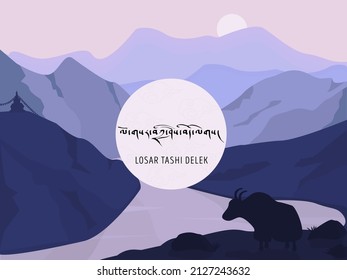 Afiche horizontal Losar Tashi Delek o cartel con el paisaje montañoso del Himalaya. Yak animal nómada tradicional y estupa budista en segundo plano. Traducción tibetana Feliz Año Nuevo. Ilustración vectorial.