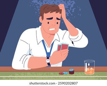 Lose gambler. Gambling addiction disorder problem, losing poker player gamble addict risk game habit bad day man loss money at casino table with cards, classy vector illustration original artwork