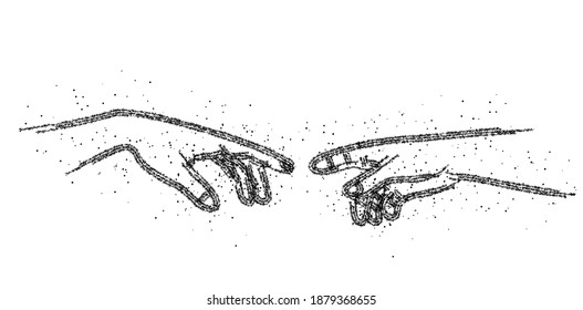 Lose up of human hands touching with fingers, particle vector illustration.