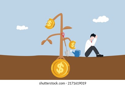 Lose money from business failure, mistake speculation in stock market, cryptocurrecy or other assets concept. Sad businessman sitting on ground for his dead and dying money plant. 