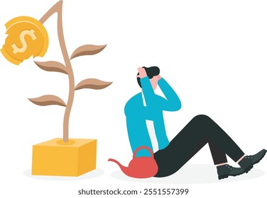 Lose money from business failure, mistake speculation in stock market, cryptocurrency or other assets concept. Sad businessman sitting on ground for his dead and dying money plant.

