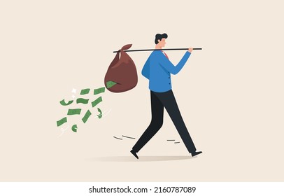 Lose money. Financial debt. Cost growth. economic crisis. Personal budget expenditures. The money wasted in vain. A young man or a businessman loses his money. Money sack with hole and fallen coins