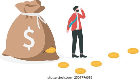 Lose money. Financial debt. Cost growth. economic crisis. Personal budget expenditures. The money wasted in vain. A young man or a businessman loses his money. Money sack with hole and fallen coins

