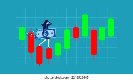Lose money from investment failures. Businesswoman frustrated in candlestick chart investment