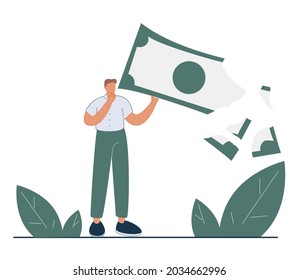 Lose money investment in financial crisis, profit and loss in business or deflation and inflation concept, businessman holding big dollar banknote money while loss, crumble and reduce in value.