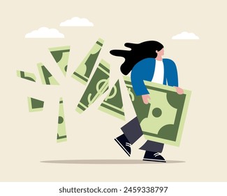 Lose money investment in financial crisis, profit and loss in business or deflation and inflation concept, businessmanbusinesswoman holding big dollar banknote. Vector 