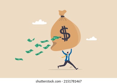 Lose money from investment mistake, tax or expense, mutual fund cost or financial problem, unknown cost drain out money concept, businessman carry big money bag with big hole banknotes falling out.