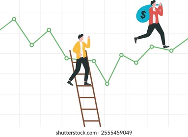 Lose opportunity to profit from stock market, false speculation concept, Businessman climbing down ladder against downtrend graph while another investor carrying money bag on uptrend graph.
