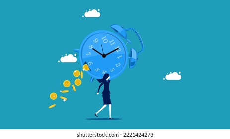  Lose the value time  Businesswoman holding big watch and money flowing out