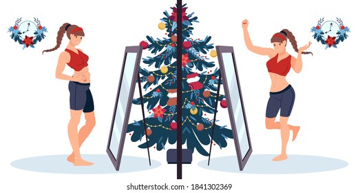 Lose weight by Christmas. Concept to succeed in sport in new year. Motivational Poster. Girl looks in the mirror before and after weight loss.