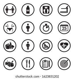 Lose Weight Icons. Black Flat Design In Circle. Vector Illustration.