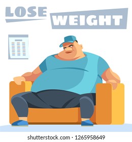 Lose weight. Junk meal leads to obesity. Person regularly overeats concept. Health care concept. Vector flat cartoon illustration