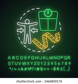 Lose weight neon light concept icon. Healthy lifestyle idea. Glowing sign with alphabet, numbers and symbols. Vegetarian nutrition benefits. Measuring tape and scales vector isolated illustration