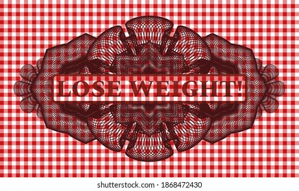Lose Weight! text inside Guilloche red checkered tablecloth badge. Restaurant chic background. Vector illustration. 