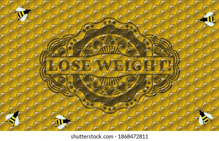 Lose Weight! text inside honey bees badge. beekeeping handsome background. Artistic illustration. 