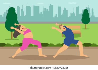 Lose weight vector concept: Obese woman and man doing stretching together while standing in the park