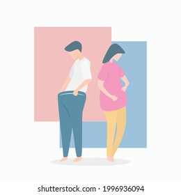 Lose weight for your body shape,Man waists are so small that they can't wear old pants,woman was so small that the old shirt was loose,Diet for shape and good health,vector illustration.