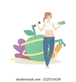 Lose weight,set yourself up for weight loss success,Diet and Exercise,Fit Body,healthy food,detox,nutrition and natural,Woman lifting dumbbells and fruit and vegetable salad,Vector illustration.