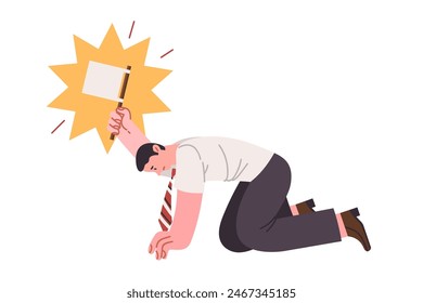 Loser businessman waves white flag admitting defeat caused by lack of strategic planning. Business loser crawls on knees and needs crisis management skills to survive economic recession