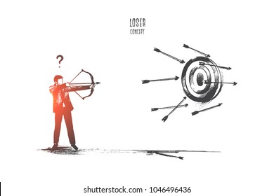 Loser concept. Hand drawn failure in business. Unfortunate attempt to hit the target isolated vector illustration.