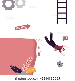 Loser falls off cliff, male employee does not have enough competence or skill to move to next level. businessman does not promotion on career ladder. Failures, financial losses, difficulties at work.