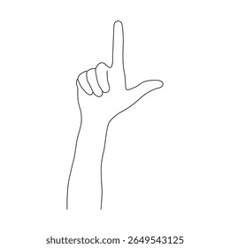 Uma ilustração minimalista e limpa de uma mão formando o gesto do "perdedor", com o polegar e o dedo indicador estendidos para criar uma forma em L.