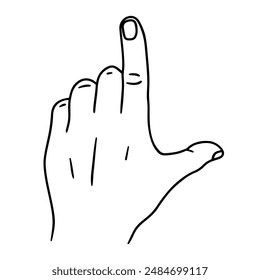 Loser hand sign line drawing vector image, letter L hand gesture, line art image vector illustration isolated on white background, black and white color