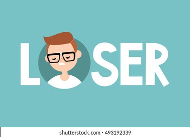 Loser illustrated sign: young upset ginger hair nerd / editable flat vector illustration