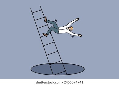 Loser man falls from career ladder into abyss, risking injury due to careless actions. Accident with guy who fell down career ladder after start of labor market crisis and wave of layoffs