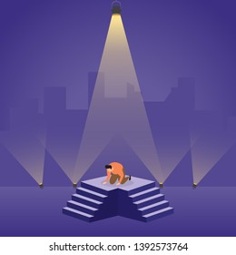 A Loser Slumped Frustrated on Podium with Spotlight Business Concept Illustration