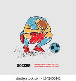 Loser soccer player squatted on his haunches and lowered his head. Vector outline of soccer player with scribble doodles style drawing.