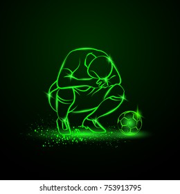 Loser soccer player squatted on his haunches and lowered his head. Green neon sport illustration.