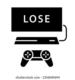 Losing game glyph icon. Game over. Esports gameplay. Gaming session end. Silhouette symbol. Negative space. Vector isolated illustration