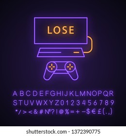 Losing game neon light icon. Game over. Esports gameplay. Gaming session end. Glowing sign with alphabet, numbers and symbols. Vector isolated illustration