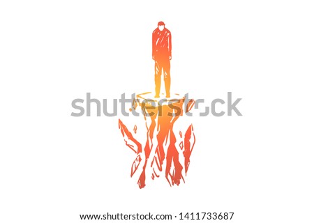 Losing ground metaphor, man standing alone on tiny ruining rock. Suicidal mood, abandoned personality, depression, loneliness, collapsing world concept sketch. Hand drawn vector illustration