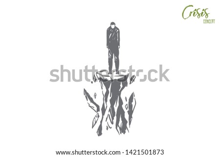 Losing ground metaphor, man standing alone on tiny ruining rock. Suicidal mood, abandoned personality, depression, loneliness, collapsing world concept sketch. Hand drawn vector illustration