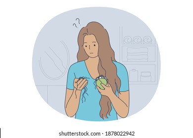 Losing hair concept. Young unhappy stressed woman cartoon character looking at hairbrush and finding much hair after combing. Baldness, Alopecia, hair loss concept 