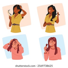 Losing hair due to dandruff, baldness or alopecia problem of woman solution vector illustration scene set. Female cartoon character before and after haircare rejuvenation treatment cosmetic procedure