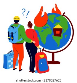 Losing home - modern colorful flat design style illustration on white background. A scene with a guy and a girl with luggage and belongings looking at their burning homeland. Refugee and migration