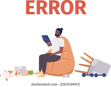 Losing internet connection on tablet 404 page not found illustration. Displeased man with mess around flat vector 2D cartoon character. Editable error flash message for application, web UX, UI design