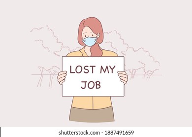 Losing Job During Pandemic Times Concept. Young Unhappy Woman In Protective Face Mask Standing And Holding Lost My Job Sign Un Hands Due To COVID-19 Virus Pandemic Vector Illustration 