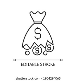 Losing linear icon. Money-losing in betting. Filing for bankruptcy. Gambling addiction. Thin line customizable illustration. Contour symbol. Vector isolated outline drawing. Editable stroke