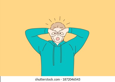 Losing mind, facial expression, weird behaviour concept. Young man in green hoodie feeling crazy covering eyes with fingers as glasses over yellow background vector illustration 