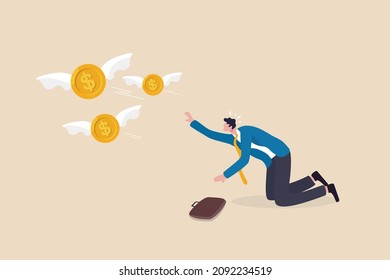 Losing money from business failure or investment mistake, tax or debt problem, bankruptcy or economic crisis or recession concept, sad hopeless businessman watching his money coin flying away.