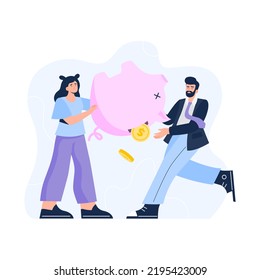 Losing money concept. Financial debt, personal budget expenditures. A young woman and man take last savings from a piggy bank. Vector flat illustration.