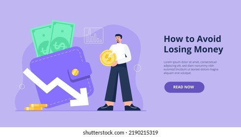 Losing Money Concept. Financial And Economic Crisis. A Young Man Or A Businessman Loses His Money. Vector Flat Illustration From Landing Page Or Banner.