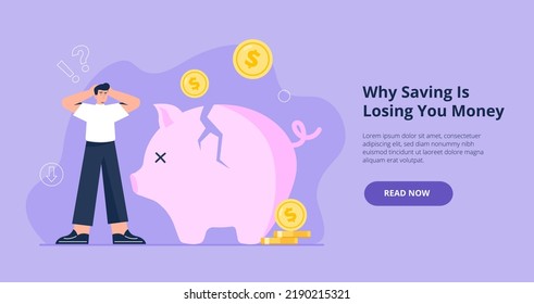 Losing Money Concept. Financial And Economic Crisis. A Young Man Loses His Savings. Vector Flat Illustration From Landing Page Or Banner.