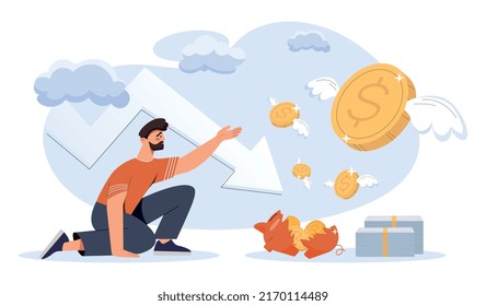 Losing money concept. Man reaches for gold coin. Metaphor for financial illiteracy and illiterate company management. Businessman has problems, economic crisis. Cartoon flat vector illustration